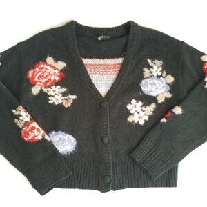 Forever 21 Black Floral Short Cardigan Sweater LARGE Red Blue Fuzzy Soft